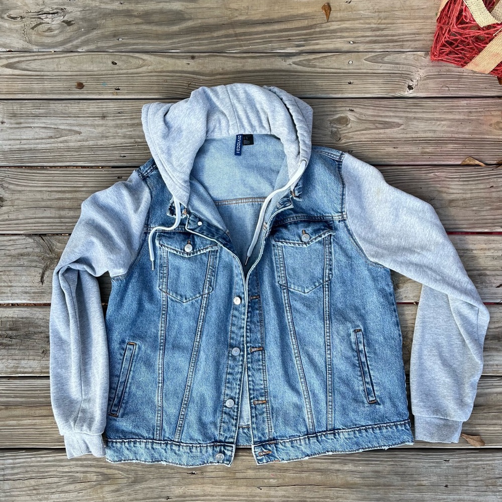 Denim Jacket with Gray Hoodie Sleeves